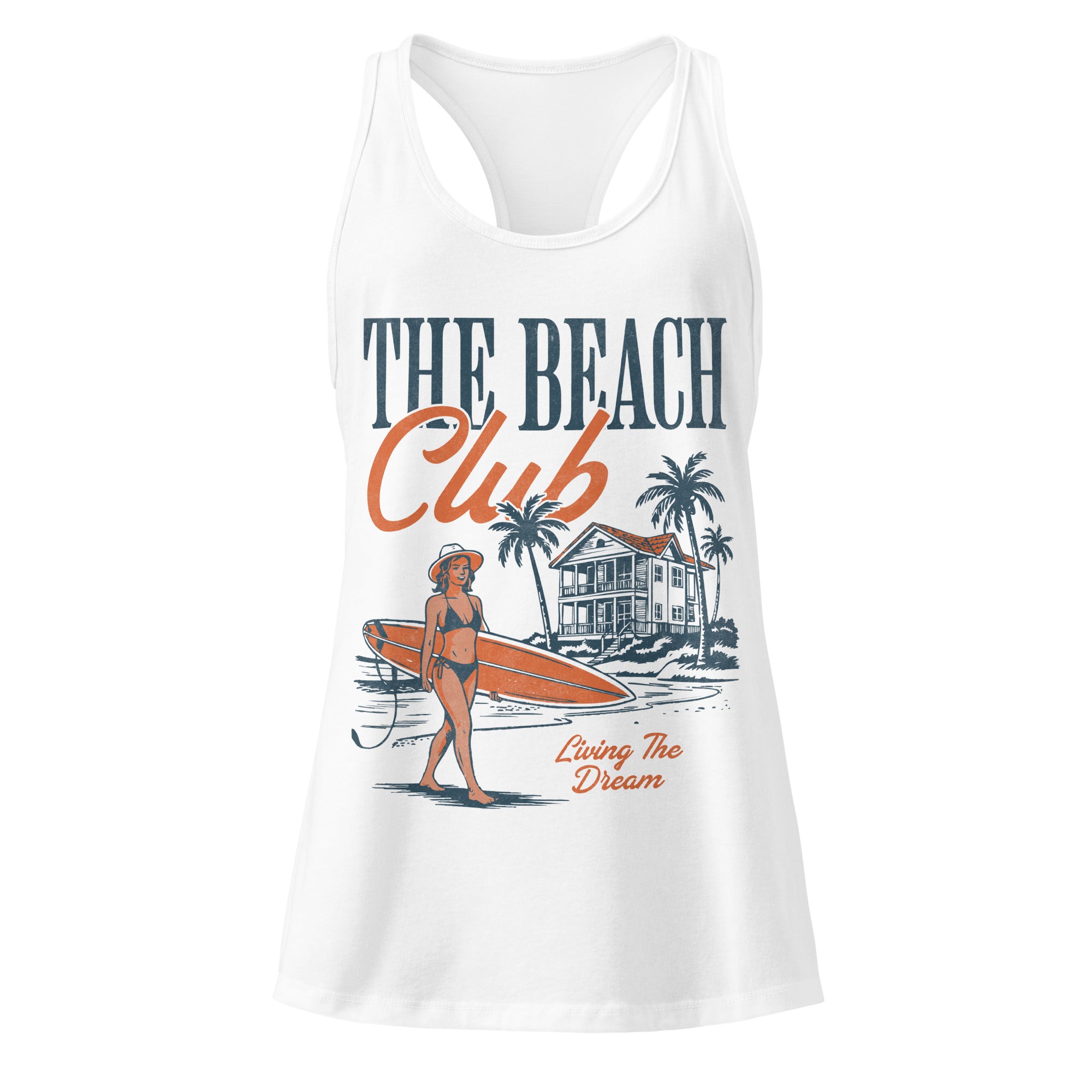 White tank top with 'The Beach Club' graphic design featuring a woman with a surfboard and palm trees.
