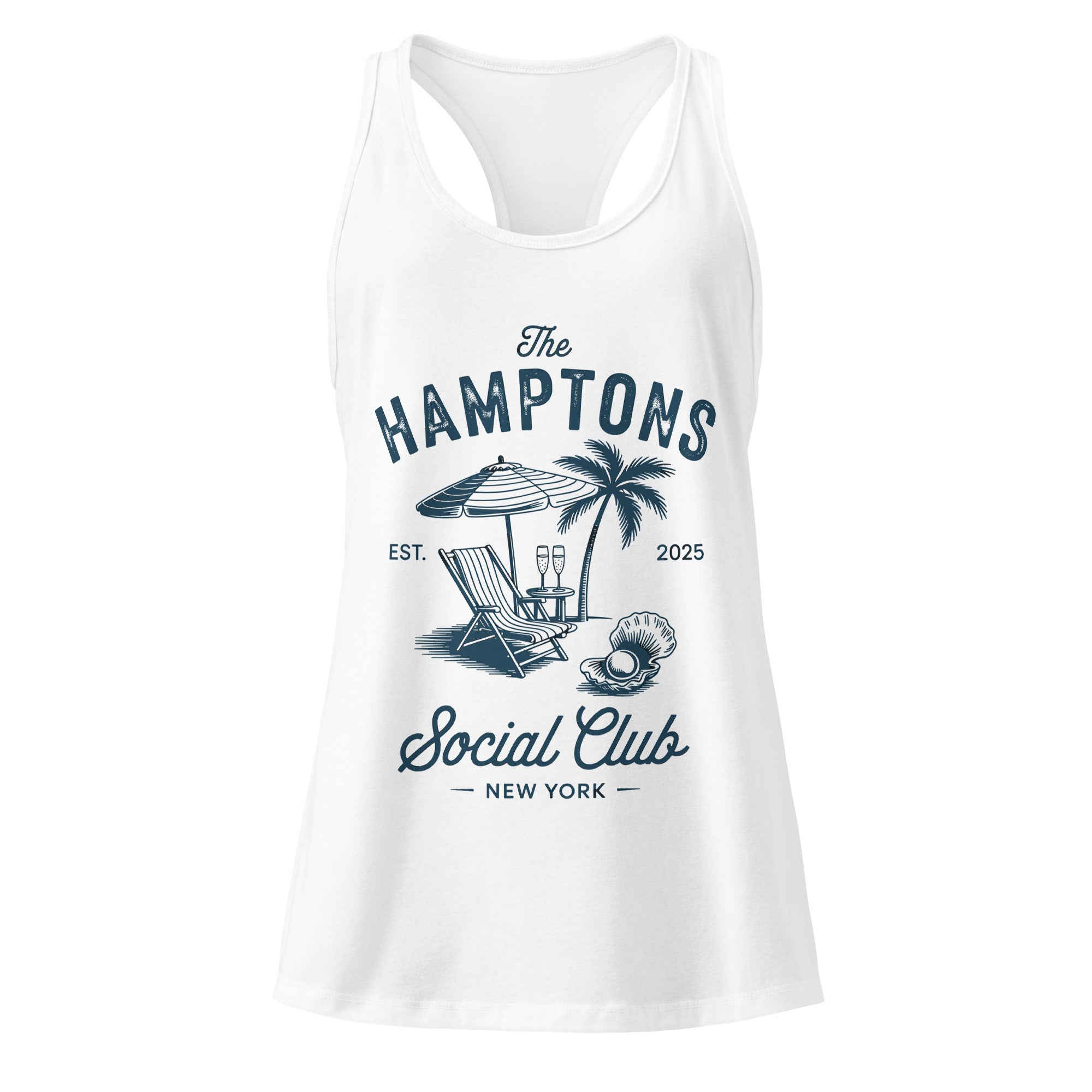 White tank top with 'The Hamptons Social Club' graphic design on a white background